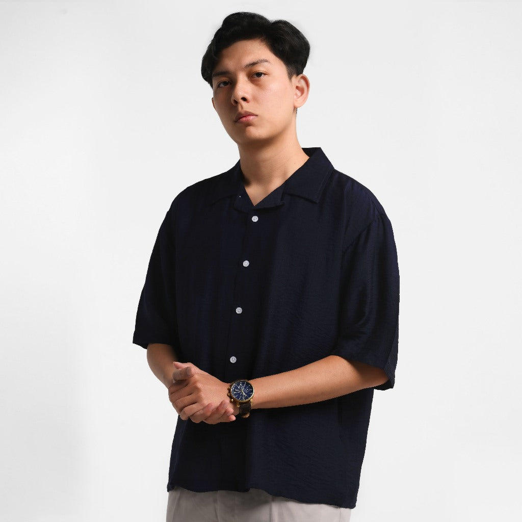 ORCA Kemeja Pendek Orson Creased Effect Shirt, Navy